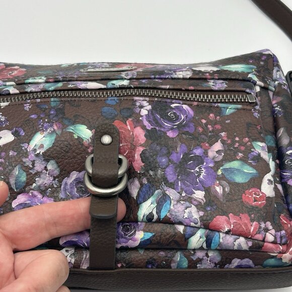 ROSETTI Crossbody Purse Brown Floral Vinyl Adjustable Strap Pockets 9.5"x7.5" - Picture 3 of 12